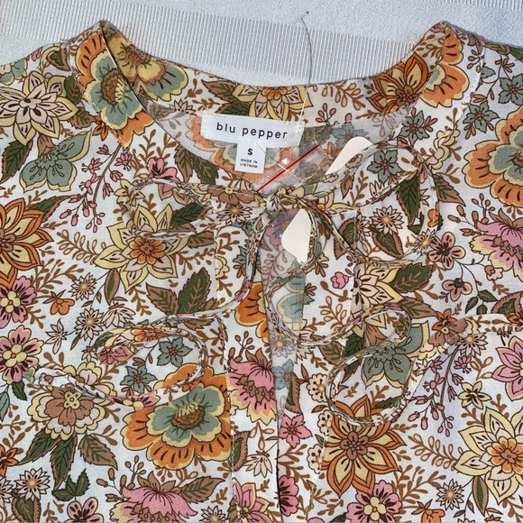 Blu Pepper Sz S Floral Bohemian Burton Blouse - Cream & Brown Balloon Sleeves - Picture 13 of 15
